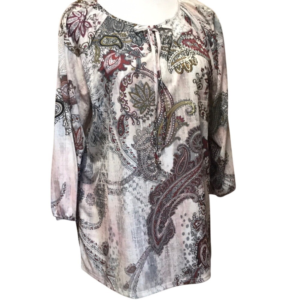 New Directions Womens XL Paisley Print 3/4 Sleeve Tie Neck‎ Boho Blouse Burgundy